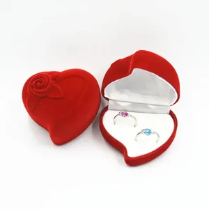 Double Wedding Rings Box Velvet Heart Shape Red Rose Flower Box Jewelry Display