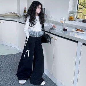 2025 Trẻ Em Cô Gái Ren Trắng Chắp Vá Dài Tay Áo Sơ Mi + Chân Rộng Quần Giản Dị 2 Pcs Thời Trang Thiết Lập - Product Image 5