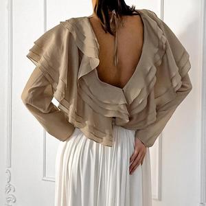 เสื้อคอวีแขนยาวโชว์หลังแต่งระบายสำหรับผู้หญิงเสื้อยืดลำลองเสื้อแฟชั่นเสื้อเบลาส์ - Product Image 4