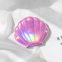 Girls Handheld PU Leather Magnifying Cosmetic Mirror Seashell Shape with Double Sides Personalized Mermaid Style Folding Mirror