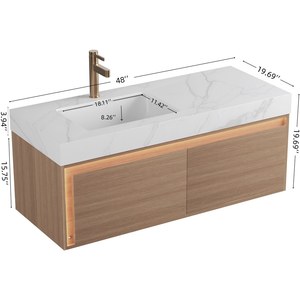 Meuble-lavabo <span class=keywords><strong>NYAH</strong></span> 48'' pour salle de bain, armoire de rangement flottante ultra-mince en contreplaqué avec grille, tiroirs avec éclairage à capteur, blanc Carrara - Product Image 5