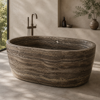 Baignoire autoportante ovale en travertin moderne, baignoire de trempage en pierre de style naturel pour salle de bain de luxe