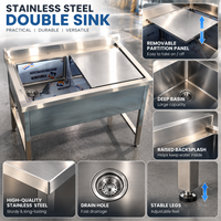Évier double en acier inoxydable SUS304 sur mesure avec planche coulissante, crédence et panier de vidange – Fabrication usine