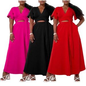 N8078 Latest Design African Summer Outfits for Women Trumpet Sleeves <strong>Lace</strong> up V-neck <strong>Top</strong> and Maxi Skirt Set Two Piece - Product Image 2
