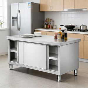 Mesa de Trabajo Comercial de Acero Inoxidable con Puerta Corredera, Tamaño Personalizado, Gabinete de Almacenamiento de Tres Niveles para Cocina de Restaurante y Servicios de <span class=keywords><strong>Catering</strong></span> - Product Image 3