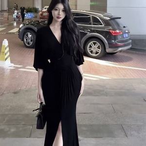 V Neck Puff Sleeve Slit Dress Black Solid Color Long Cocktail Dress Women Elegant Bodycon Fit High Waist Design - Product Image 4