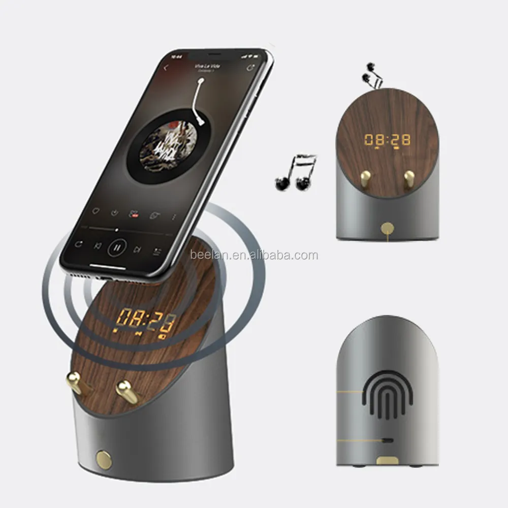 New Wooden Digital Clock Loud Induction Smart Speaker Mobile Phone Holders Blue tooth Speaker