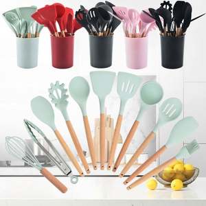 Eco-Friendly 12-Piece FDA <b>Silicone</b> Non-Stick Cooking Spatula & <b>Baking</b> Set with Wooden Handle Kitchen Utensils Storage Bucket - Product Image 6