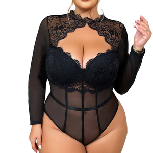 European American New Plus Size Sexy Lingerie Lace See Through Hollow <b>Open</b> Crotch Bodysuit Jumpsuit Mesh Fat mm - Product Image 1
