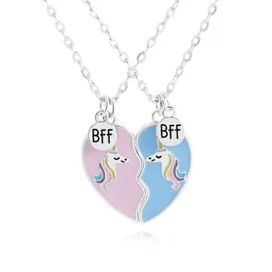 Joyería Popular esmaltado amantes BFF mejores amigos para siempre pareja unicornio rompecabezas colgante medio corazón forma pareja collar