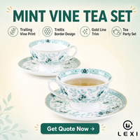 LEXI CH1188 Ensemble tasse et soucoupe en porcelaine fine vert menthe, motif vigne tombante, bordure cintrée, imprimé treillis, ligne dorée, bol large 200ml pour thé