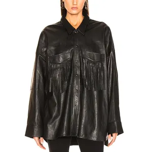 Italian stil großhandel stilvolle oversize damen schwarz leder hemd