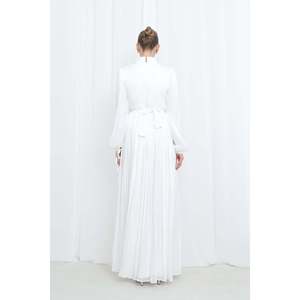 Robe de soirée moderne pour femme en satin texturé plissé à manches longues - 17029ELB - ECRU - Product Image 4