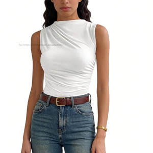 Women's Sleeveless Asymmetric Pleated Ruched <b>Mock</b> <b>Neck</b> <b>Top</b> - Satin-Fit Casual Shirt <b>Top</b> Vest Fashion - Product Image 4