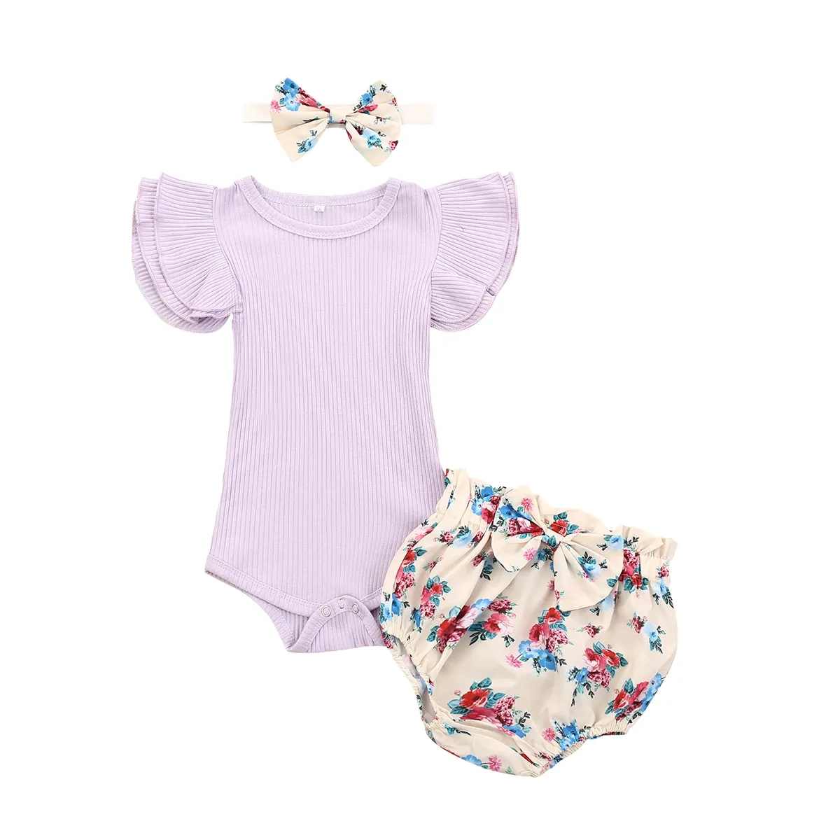 Infant Baby Girl Outfit Ruffle Romper Ribbed Bodysuit Floral Pants Set With Headband