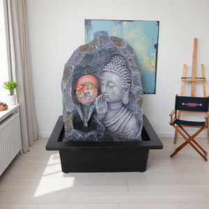 <span class=keywords><strong>Fontaine</strong></span> en résine sculptée en forme <span class=keywords><strong>de</strong></span> tête <span class=keywords><strong>de</strong></span> <span class=keywords><strong>Bouddha</strong></span> Lotus avec jardin zen flottant, élément d'eau pour l'aménagement paysager extérieur, Feng Shui et décoration contemporaine - Product Image 4