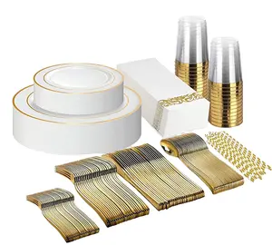 225 Stuks Gouden Rand Wegwerp Plastic Servies Set 25 Gasten Diner Bord, Dessert Bord, Goud Plastic Zilverwerk, Beker, Rietjes