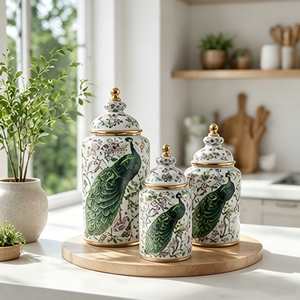 Ensemble de boîtes de rangement vintage en porcelaine brillante motif paon et fleurs, avec bouton doré, pour décoration intérieure - Product Image 3