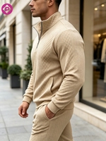 Sweat-shirt à col en V et manches longues pour homme, grande taille, avec logo personnalisé, motif jacquard texturé, fermeture éclair 1/4, style sport décontracté, vente en gros