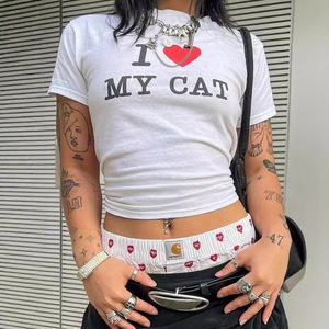 Nuova T-shirt Crop Top <span class=keywords><strong>da</strong></span> Donna Slim-fit Americana con Stampa a Lettere, in Poliestere, Estiva, Basic, all'Ingrosso - Product Image 1