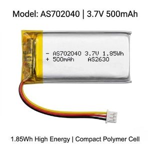 แบตเตอรี่ลิเธียมโพลิเมอร์ 3.7V 500mAh รุ่น 702040 แบบชาร์จได้ ความจุ 1.85Wh ขนาดกะทัดรัด สำหรับอุปกรณ์อิเล็กทรอนิกส์สำหรับผู้บริโภค - Product Image 1