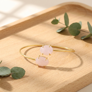 Pulsera Ajustable de Calcedonia Rosa de Moda al por Mayor, Bañada en Oro de 18k, con Doble Piedra Engastada, Joyería de Brazalete Abierto - Product Image 5