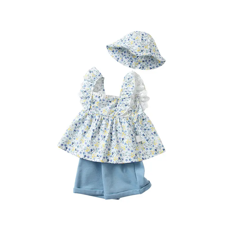 Gaun blus modis anak perempuan, dua potong Set pakaian versi Korea Halter motif bunga musim panas untuk anak perempuan