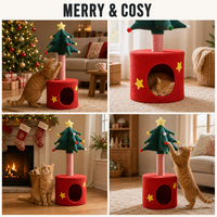 Tour à gratter pour chat à motif de Noël, directement de l'usine, avec cachette en peluche, poteau en sisal et 2 niveaux en carton, commande en gros pour la distribution