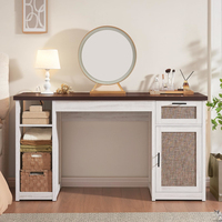 Bureau d'ordinateur en rotin avec tiroirs et armoire de rangement, bureau d'écriture en bois avec prises de courant pour bureau à domicile