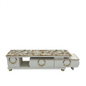 Meuble <span class=keywords><strong>TV</strong></span> et Table Basse Modernes en Bois, Design Panneaux, Blanc Brillant, avec Étagères en Verre Trempé, Convient aux Téléviseurs de <span class=keywords><strong>65</strong></span> Pouces, pour Salon - Product Image 1