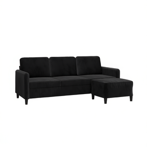 Black L-Shaped Sectional Sofa With <b>Footstool</b> Velvet Modern Living Room Furniture 3 Seater Cushion Back <b>Padded</b> Arms Wood Legs - Product Image 1