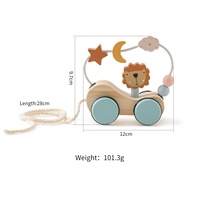 Juguete de madera multifuncional de gran venta: Carrito pequeño con león, cuentas giratorias y cuerda para tirar, juguete para el desarrollo de la manualidad y la inteligencia.