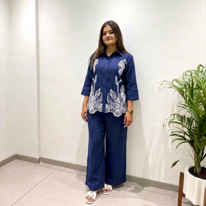 Women's Blue Cotton <b>Kurta</b> Set With White Floral Embroidery Loose Fit Traditional <b>Indian</b> Pakistani Casual Wear Ankle-Length - Product Image 1
