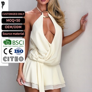 Womens White Halter Neck Mini Dress 2026 New with Gold Ring Detail Deep V Neck Chiffon Formal Dress OEM ODM Custom Service - Product Image 1
