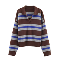 Pull en maille rayé à col polo et col en V pour femme, manches longues, couleur contrastante, vente en gros