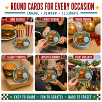 Pegatinas de tarjetas rasca y gana de alta calidad para juegos de premios con temática de hamburguesas, ideales para inauguraciones y promociones.