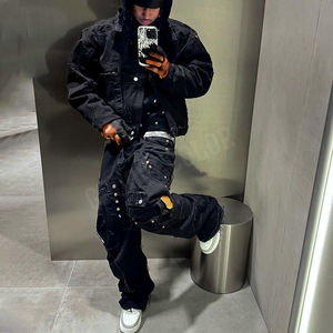 YSJY Produttore di Abbigliamento Streetwear, Set Personalizzati con <span class=keywords><strong>Giacca</strong></span> di Jeans <span class=keywords><strong>Oversize</strong></span> Ricamata e Pantaloni in <span class=keywords><strong>Denim</strong></span> Pesante per Uomo - Product Image 3