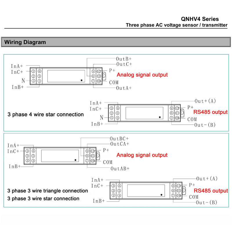 3 Phase Voltage Sensor QNHV4 Input AC 3*110V 3*220V 3*380V 3*600V 3*1000V Output 4-20mA Current Transducer Voltage Transmitter