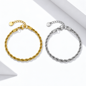 Pulsera de Cuerda Trenzada, Cadena de Acero Inoxidable con Baño de Oro de 14K, Colores Dorado y Plateado - Product Image 1