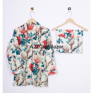 Ensemble de pyjama en coton imprimé de blocs de main floraux de luxe pour femmes vêtements de nuit élégants fabriqués à la main taille élastique pour les vêtements de nuit d'été - Product Image 4