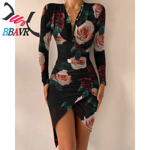 BBAVR Robe moulante grise à imprimé floral pour femme, manches longues, col en V, robe fourreau tendance printemps avec ourlet asymétrique - Product Image 3