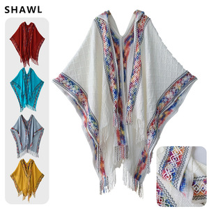 Mới đến Boho <span class=keywords><strong>Fringe</strong></span> dệt kim du lịch CAPE của phụ nữ không tay trùm đầu khăn khăn choàng dài phong cách cho mùa thu thời trang - Product Image 2