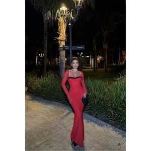 Robe de soirée rouge coupe trapèze, taille empire, formelle, tailles XS-XL, dos lacé, strass, longueur ras du sol, pour le bal de promo - Product Image 4