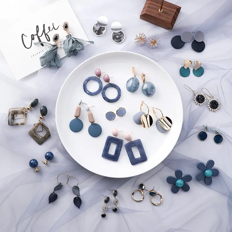 Korean Summer Blue Geometric Acrylic Irregular Hollow Circle Square Drop Earrings for Women Metal Party Beach Jewelry