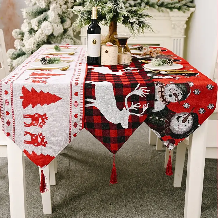 Adornos navideños europeos y americanos, mantel de punto con borlas bordadas de algodón y lino