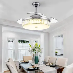 42 Inches Remote 40w AC/DC Reversible Gold/Silver Crystal Chandelier Invisible Retractable Ceiling Fan Light