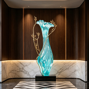 <span class=keywords><strong>Vase</strong></span> Sculpté Artistique en Résine Transparente Turquoise Grande Taille sur Mesure (OEM) avec Branches Métalliques Dorées Forme Irrégulière pour Hall d'Hôtel - Product Image 2