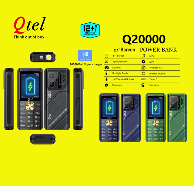 Qtel Q20000 Rugged Bar Feature Phone 2.4" TFT Display 10000mAh Power Bank Dual SIM Type-C Camera 0.3MP Wireless Spanish/German