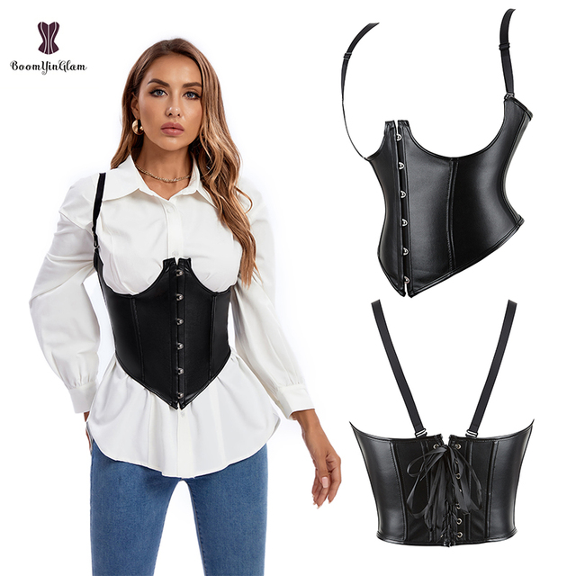 Standard Removable Strap Synthetic Leather Underbust Corset Top 12.6" Black Chest Binder Bustier 6 Brooches Breathable Firm
