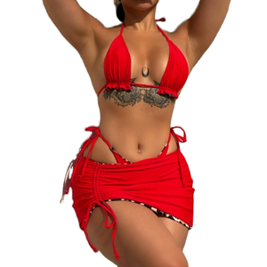 Conjunto de bikini de dos piezas rojo para mujer, top halter cruzado, braguita con lazo lateral, color sólido, elástico - Product Image 1